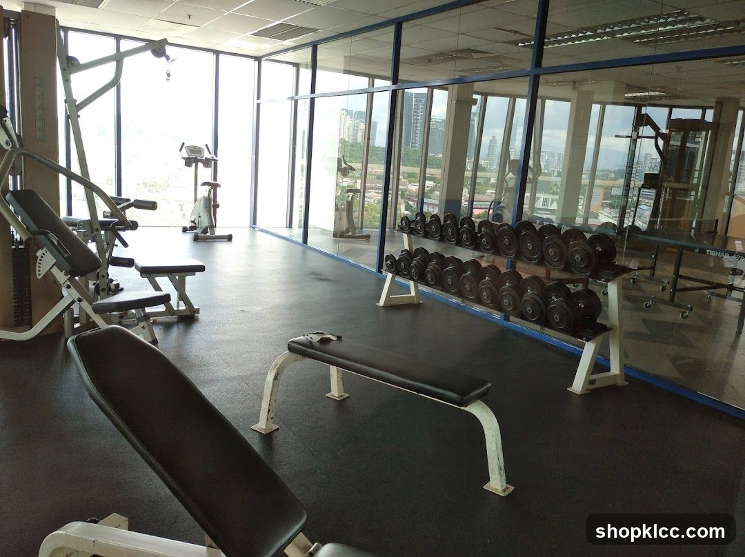 Gym Interior with Dumbbells and Exercise Equipment