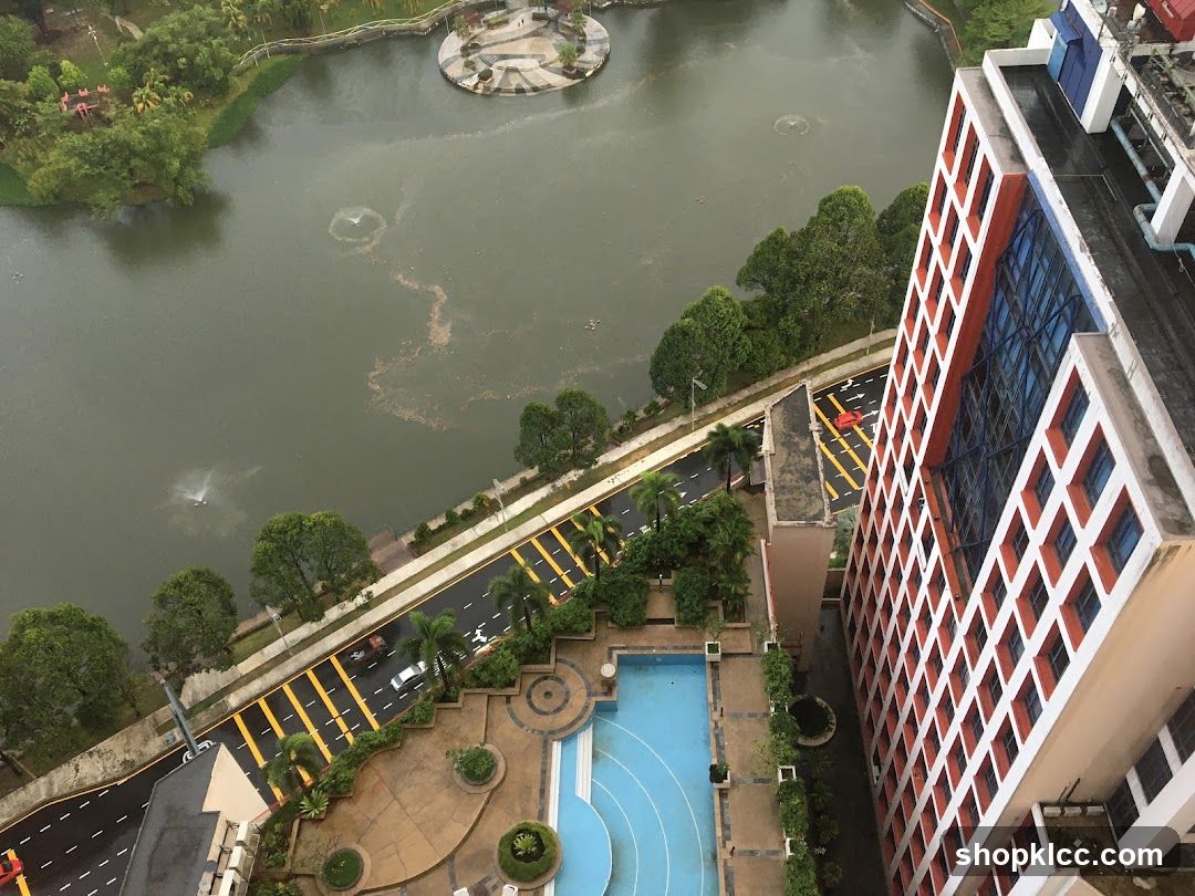 Aerial View of Urban Landscape with Lake and Buildings