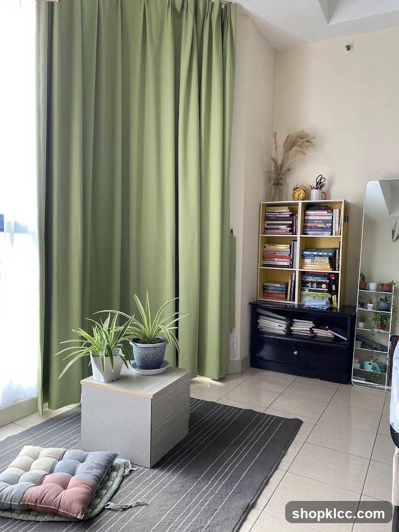 Living room corner with plants and books