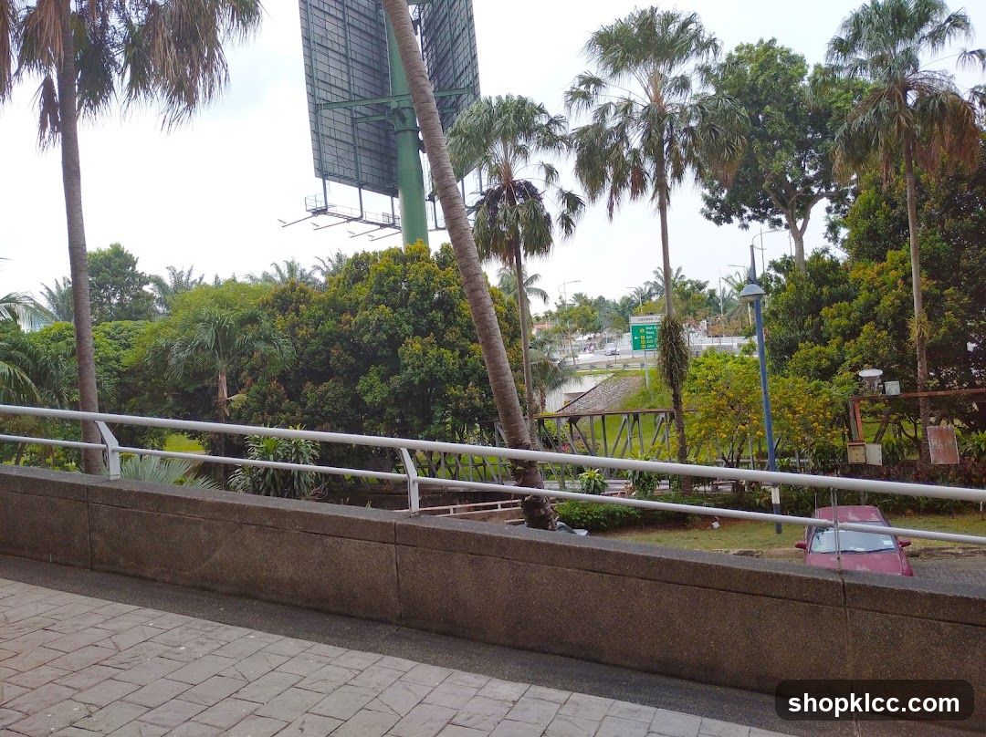 Outdoor scene with palm trees and a billboard