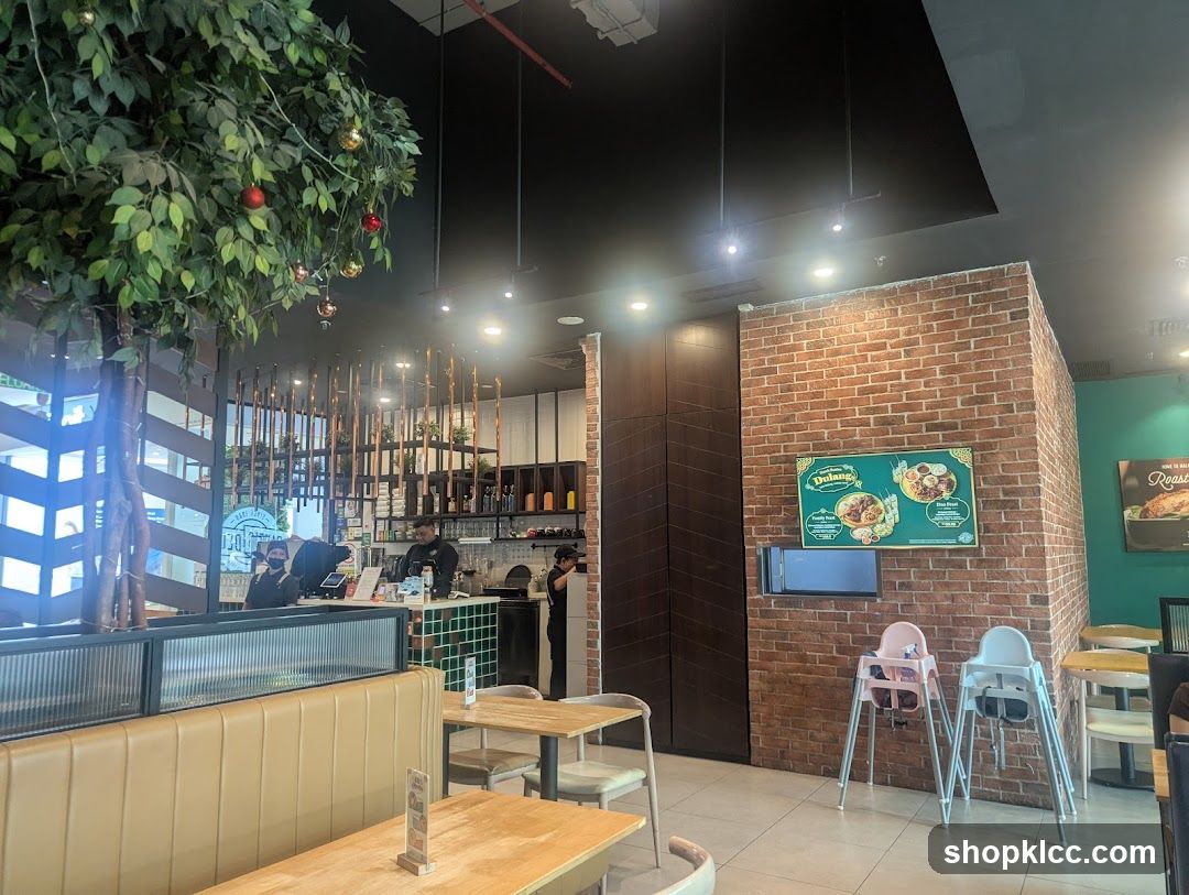 Restaurant Interior with Decorative Tree and Menu Board
