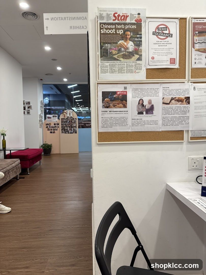 Notice board with news articles and signs