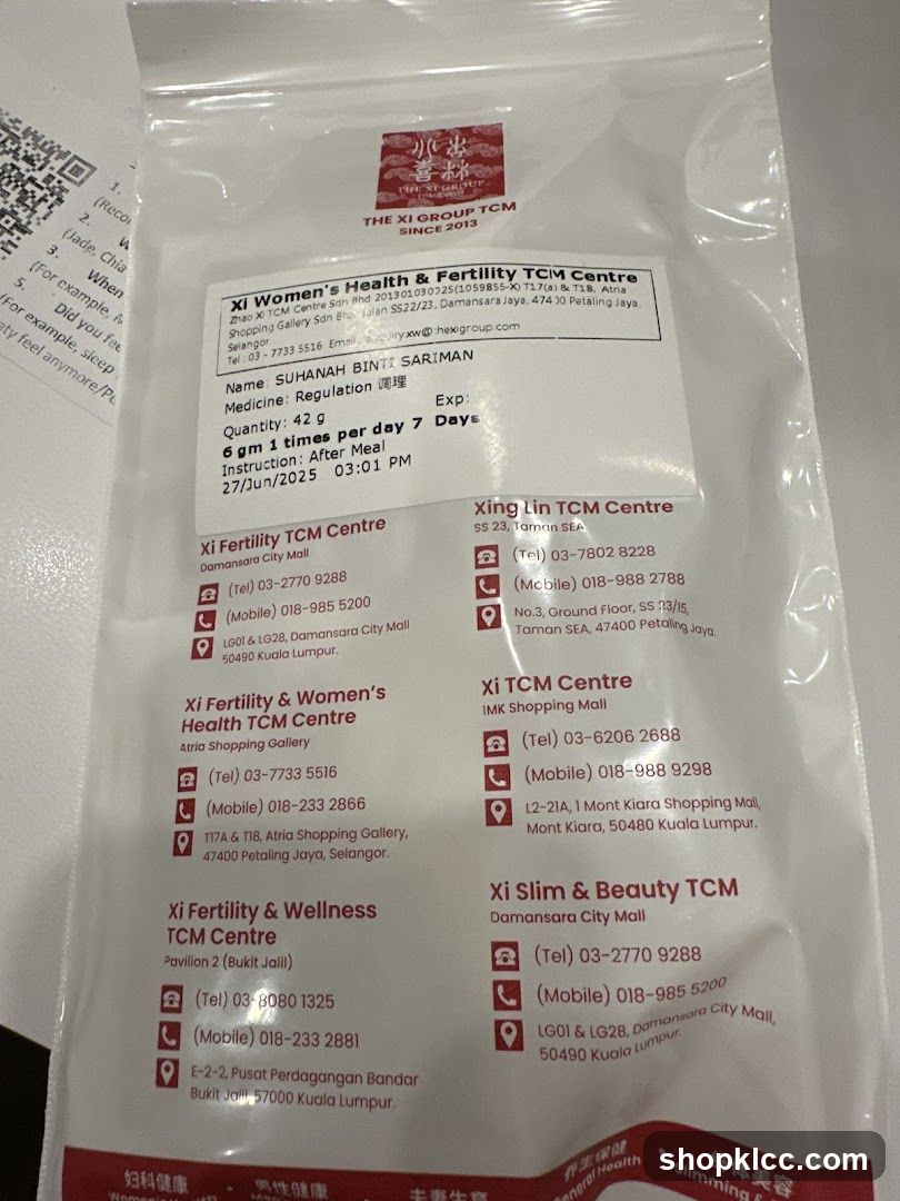 Xi Women's Health & Fertility TCM Centre Product Label
