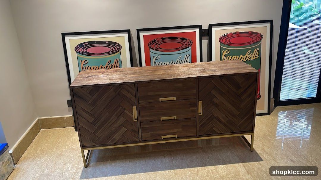 Wooden Sideboard with Campbell's Soup Can Art