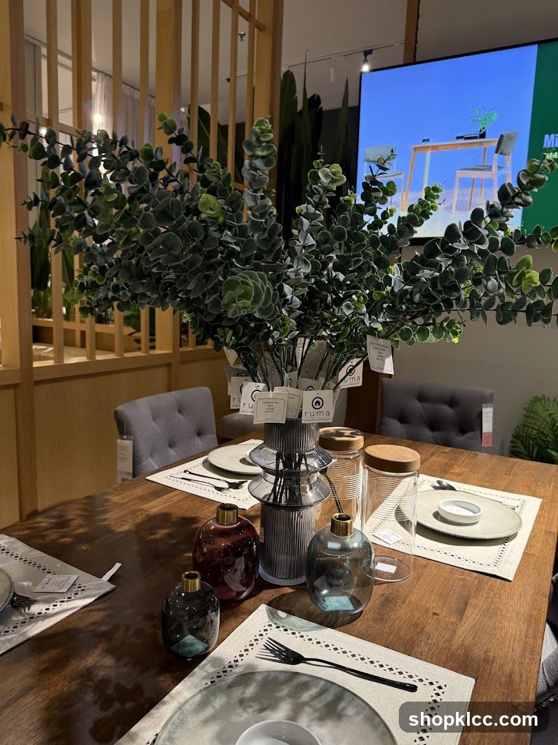 Dining Table Setting with Faux Eucalyptus and Decorative Vases