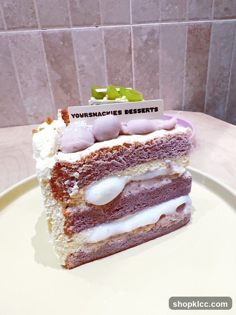 Slice of layered cake with purple cream and kiwi topping