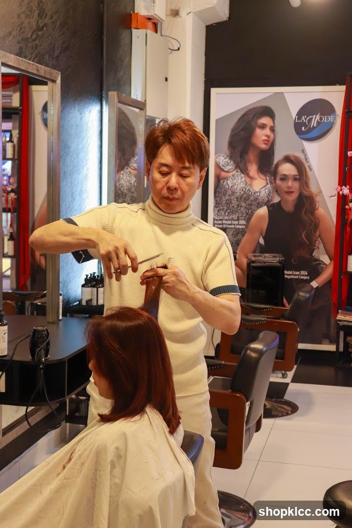 Hairdresser cutting client's hair
