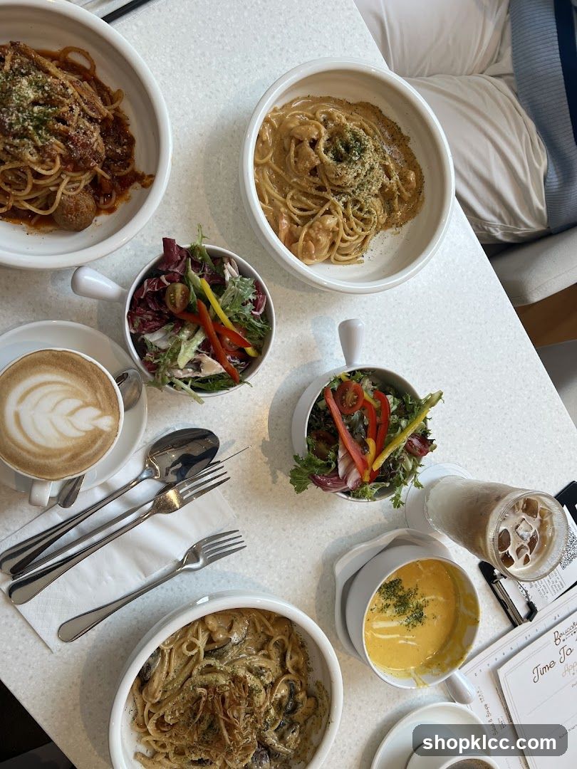 Table with various dishes and drinks