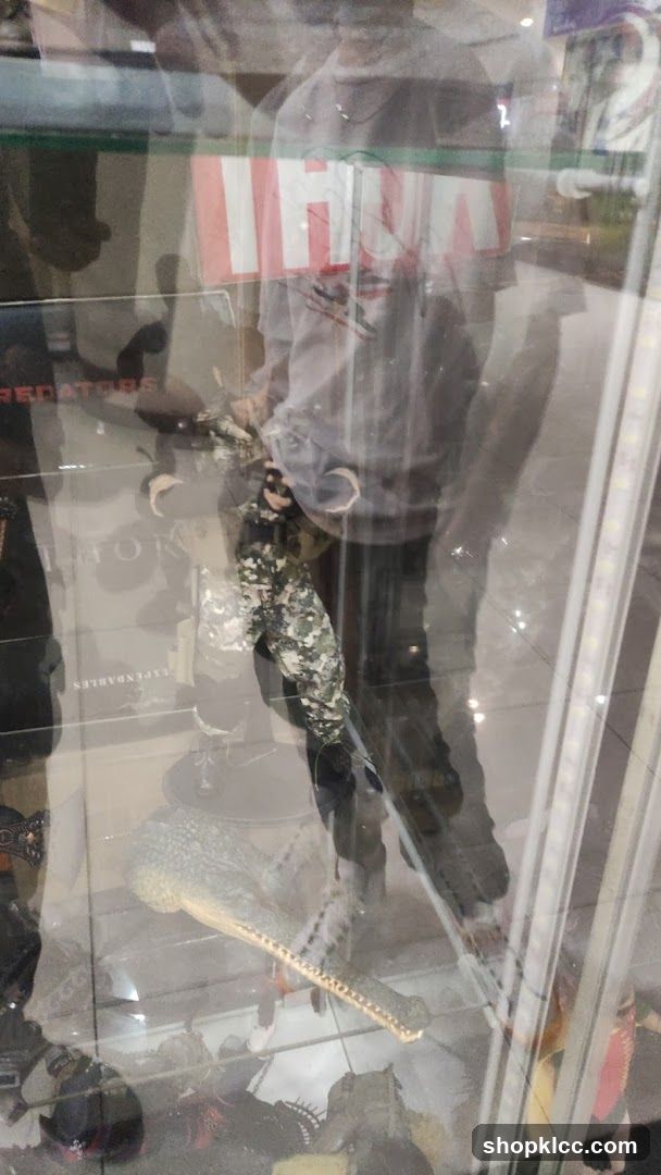 Display case with action figures and a model crocodile
