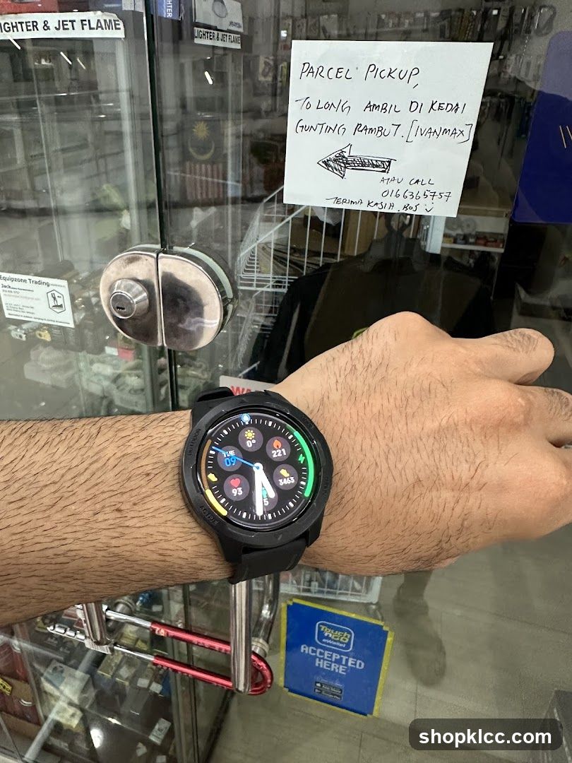 Hand with Smartwatch and Storefront Details