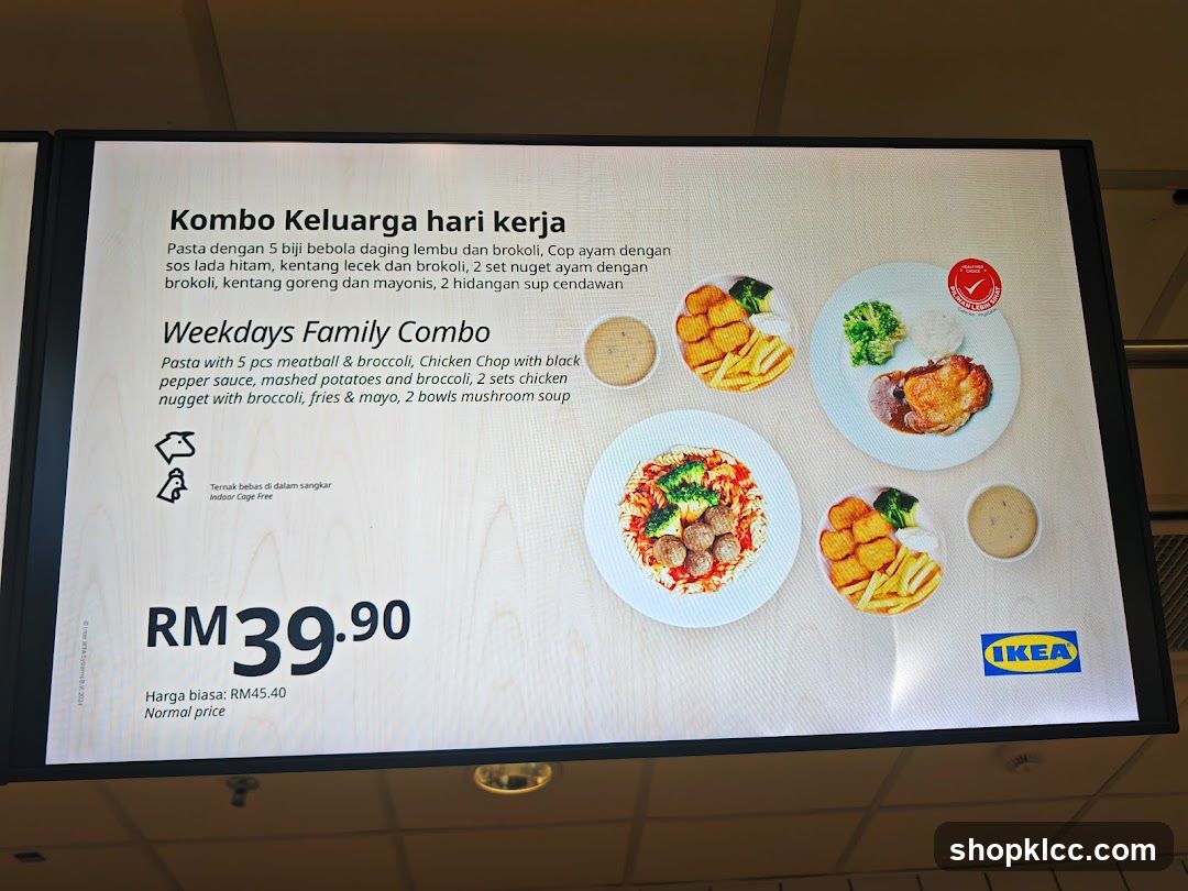 A menu display showing the Weekdays Family Combo. The combo includes pasta with meatballs and broccoli, chicken chop with black pepper sauce, mashed potatoes and broccoli, chicken nuggets with broccoli and fries, and mushroom soup.