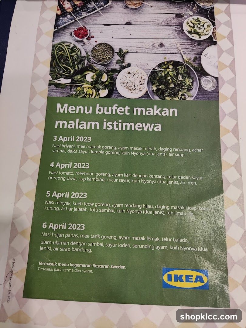 Special buffet dinner menu for April 3-6, 2023, featuring various Malaysian dishes and desserts. Includes Swedish Restaurant favorites.