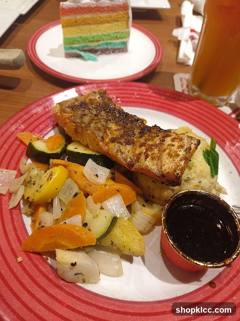 Salmon with Vegetables and Rainbow Cake
