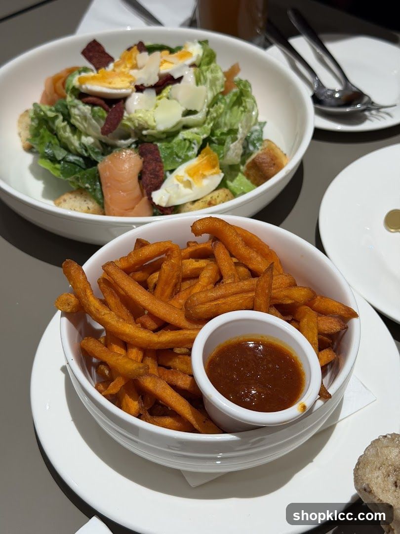 Salmon Caesar Salad and Sweet Potato Fries