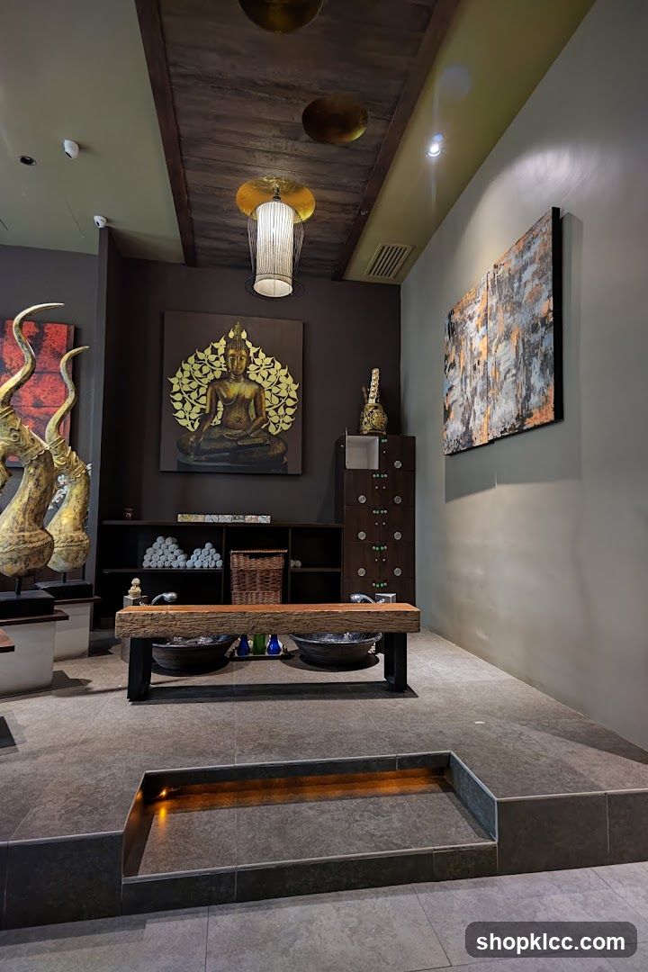 Spa waiting area with Buddha art