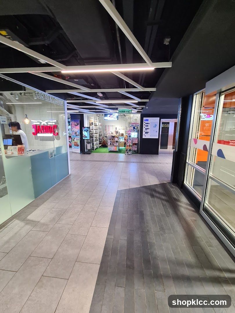 Shopping mall corridor with stores