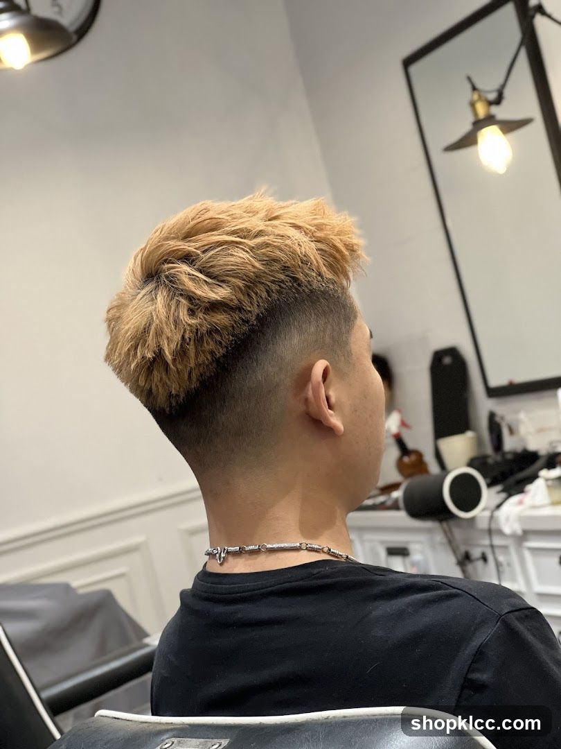 Man with blonde dyed hair in a barbershop