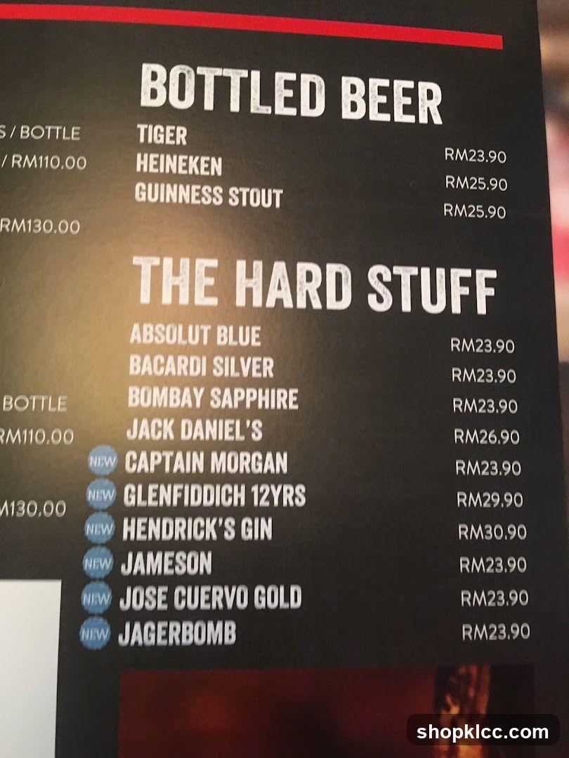 Bottled Beer and Hard Stuff Menu