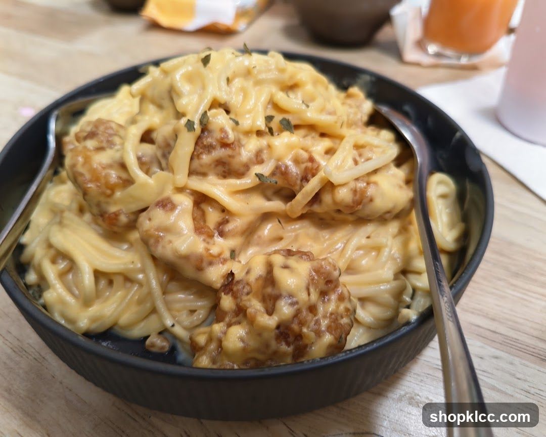 Creamy Spaghetti with Fried Chicken Bites