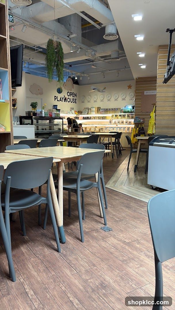 Interior of a cafe with playhouse area