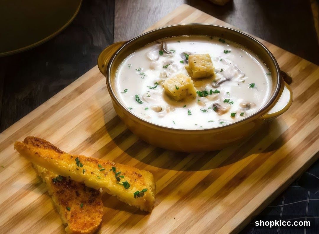 Creamy Mushroom Soup with Croutons and Garlic Bread