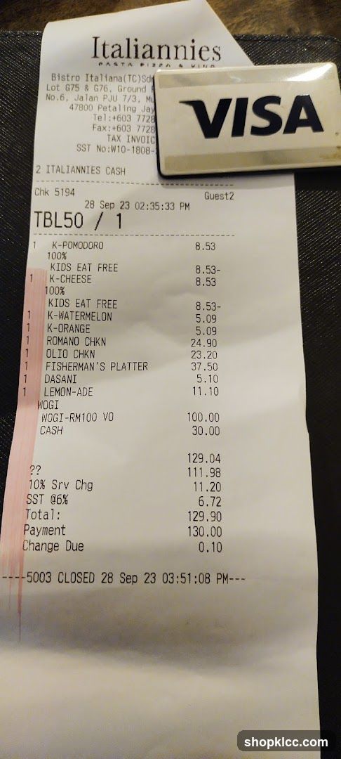 Italiannies Receipt