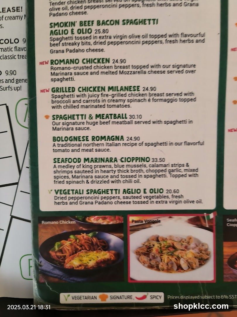 Pasta Menu