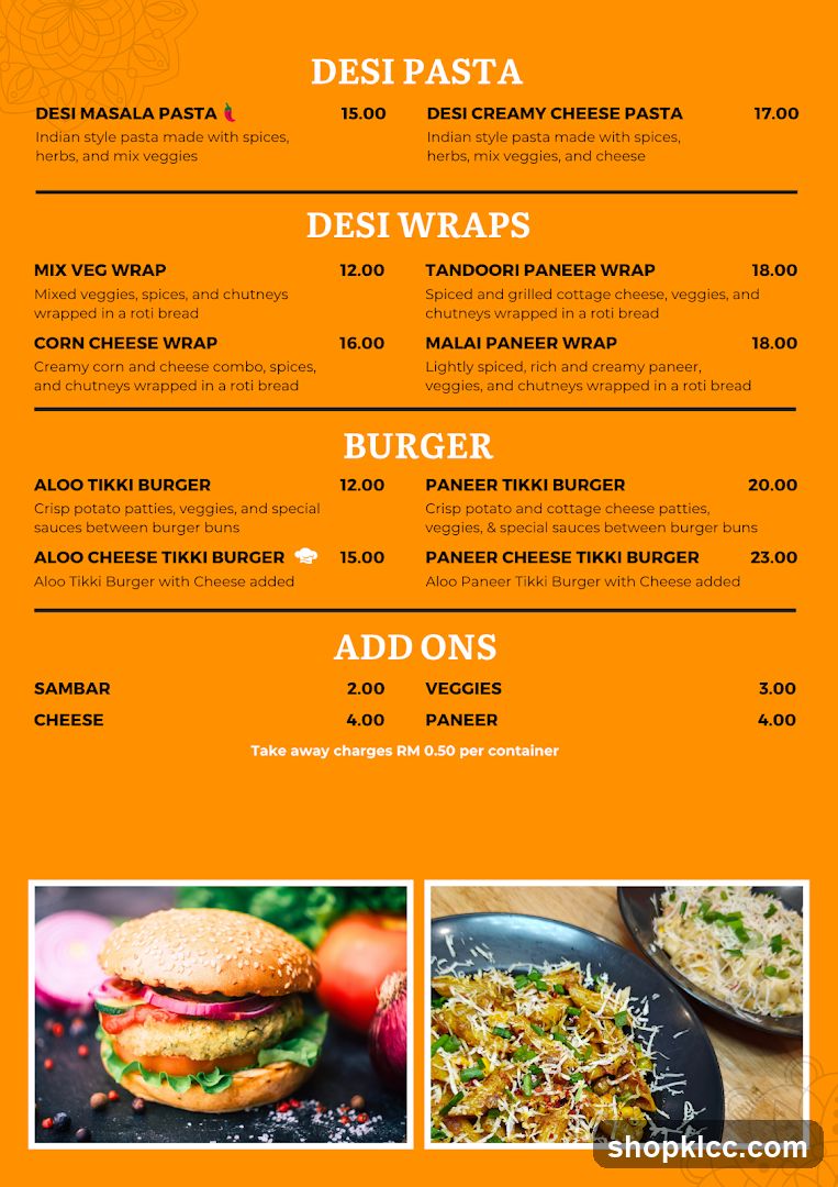 Desi Pasta Menu
