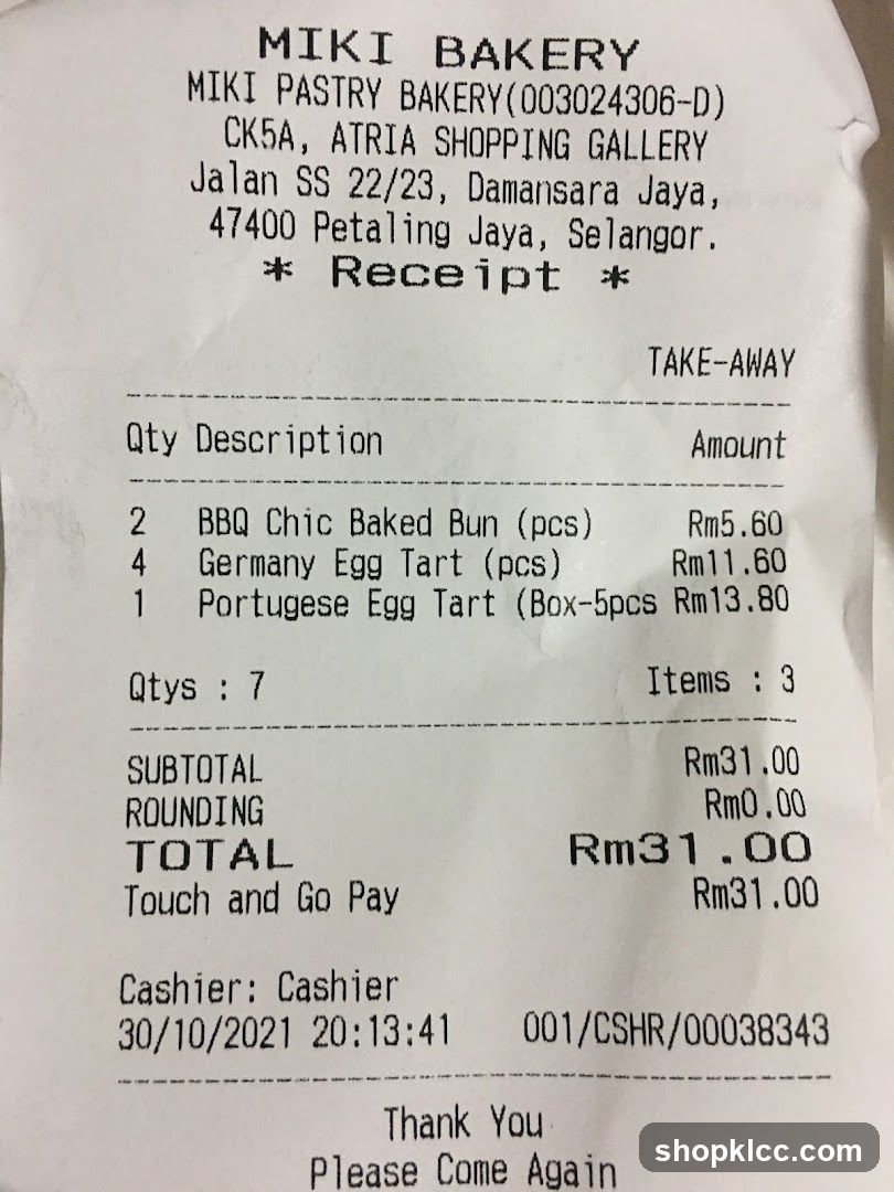 MIKI BAKERY Receipt