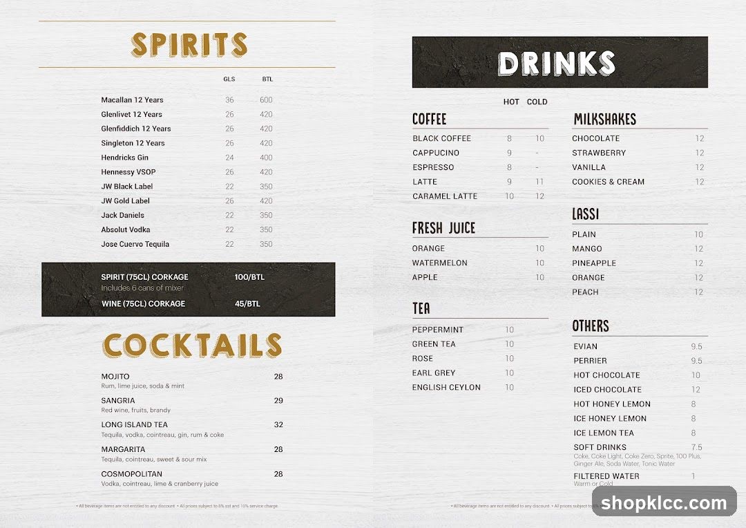 Spirits and Drinks Menu