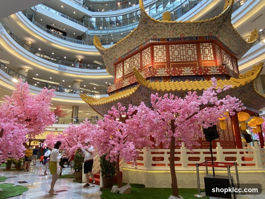 Mall Interior with Chinese Pavilion and Cherry Blossoms