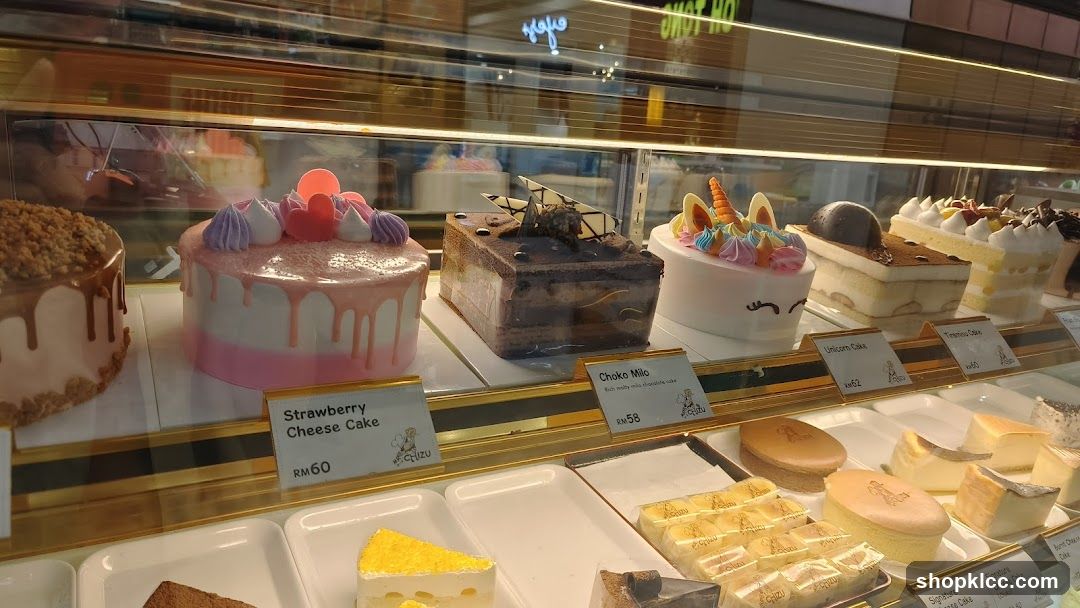 Cakes in a display case