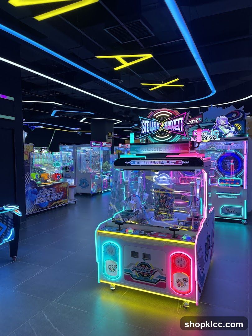 Arcade Interior with Neon-Lit Claw Machines