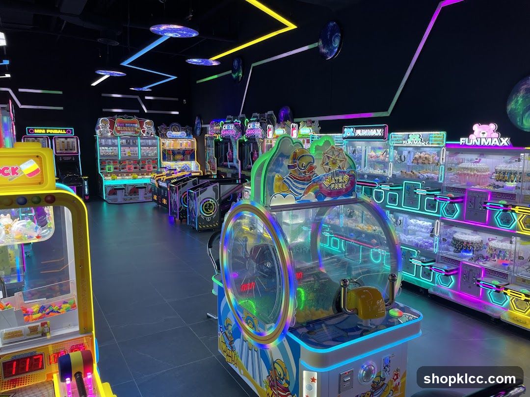 Arcade Interior with Neon-Lit Games