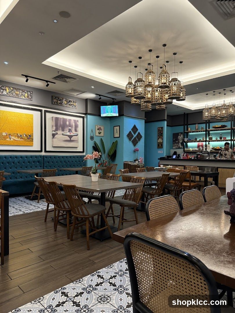 Restaurant Interior with Blue Accent Walls and Chandeliers