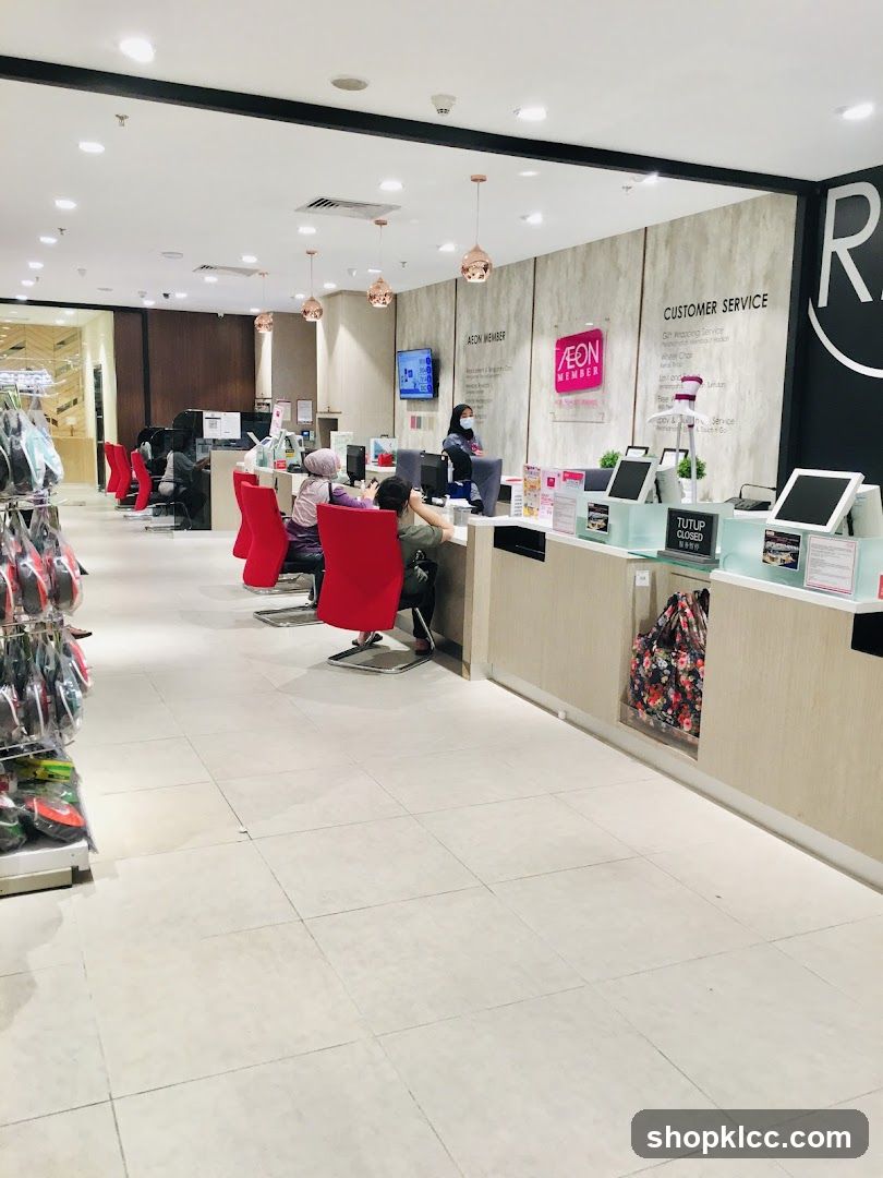 Interior of a retail store with customer service desk