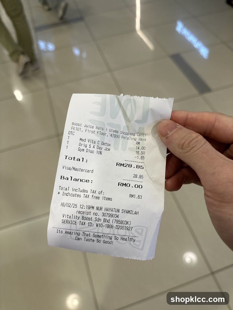 Receipt from Vitality Boost