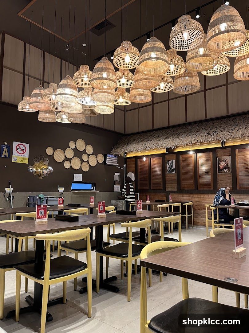 Restaurant Interior with Woven Pendant Lights