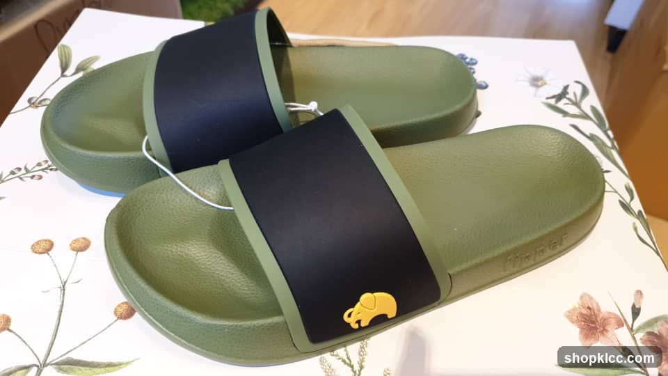 Green and Black Slide Sandals with Elephant Logo