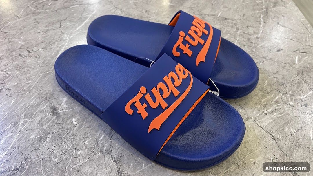 Blue Slide Sandals with Orange Logo
