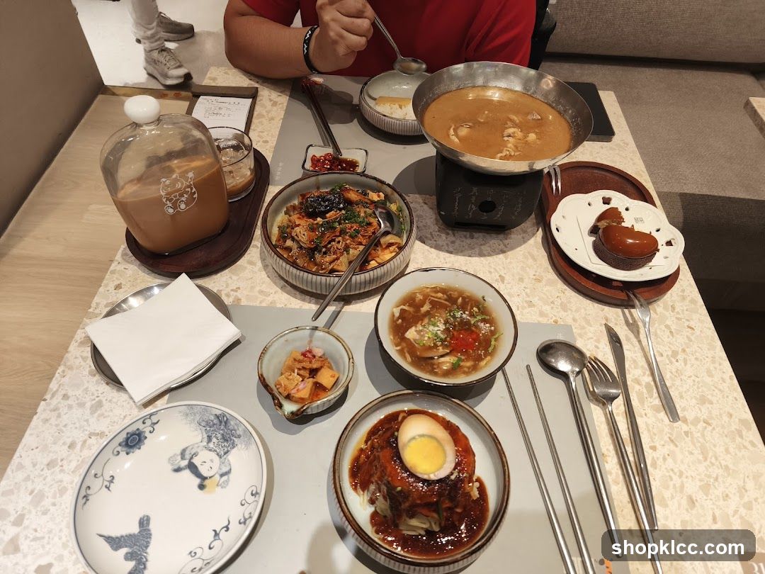 Table with various dishes and drinks
