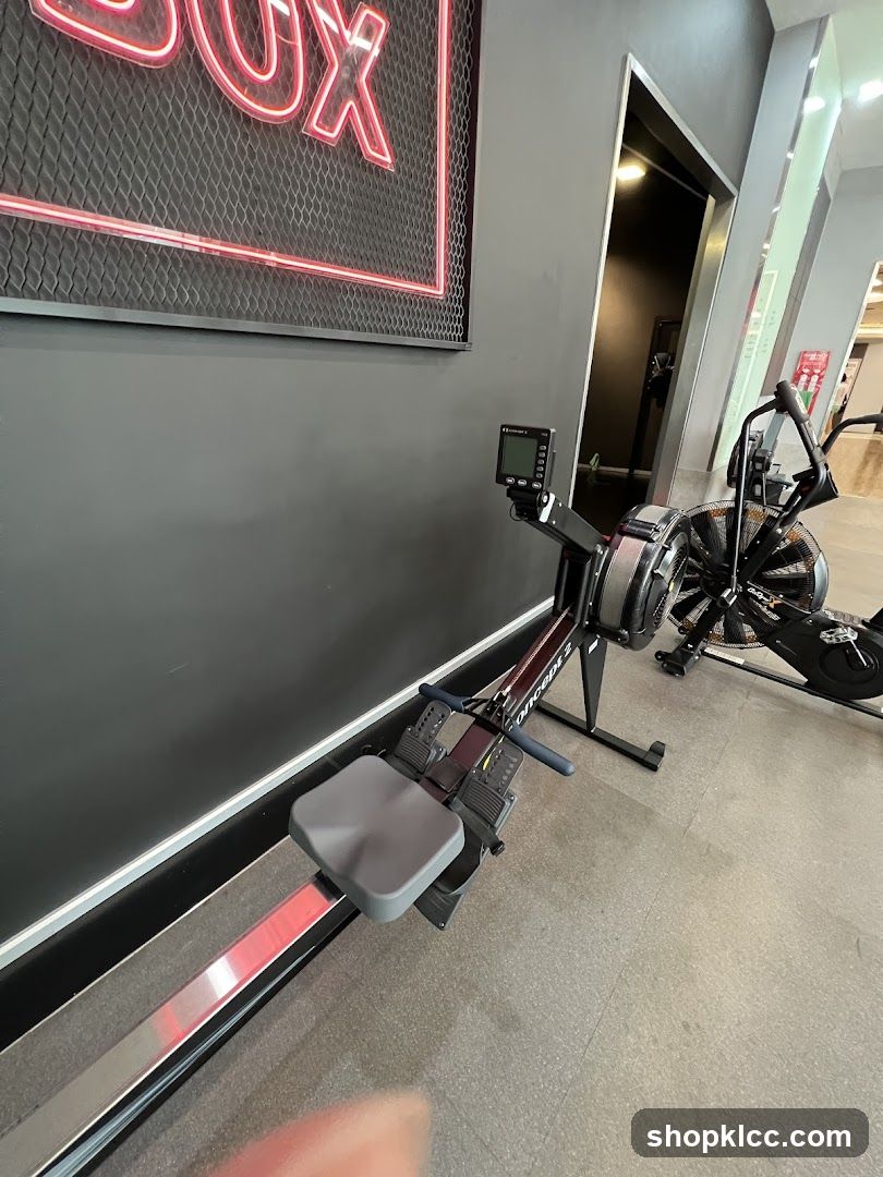 Gym Interior with Rowing Machine and Exercise Bike