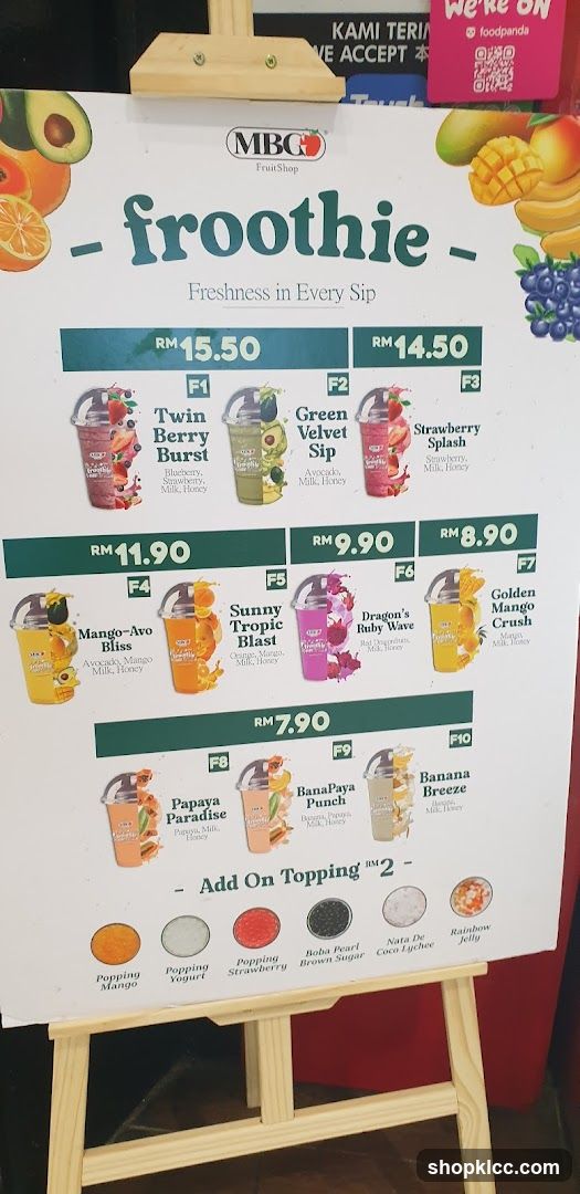 MBG Fruit Shop Froothie Menu