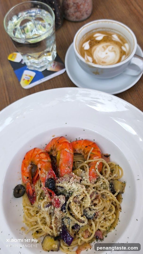 Shrimp Pasta and Coffee