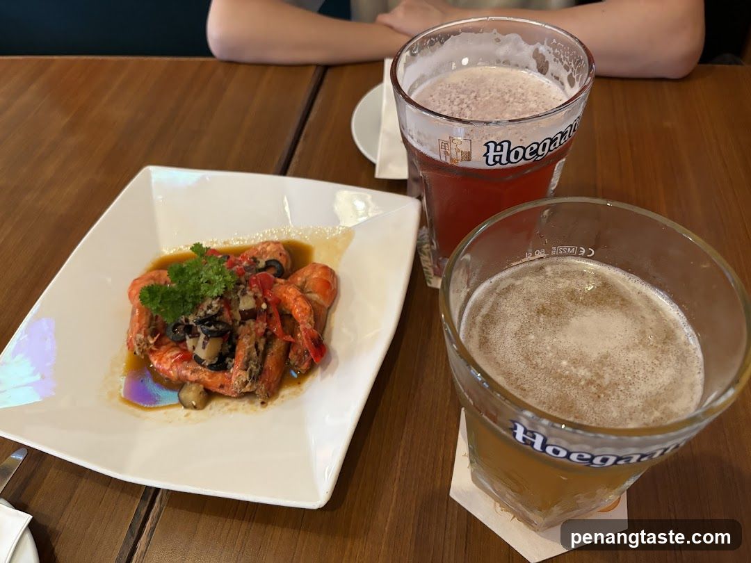 Shrimp dish and beer