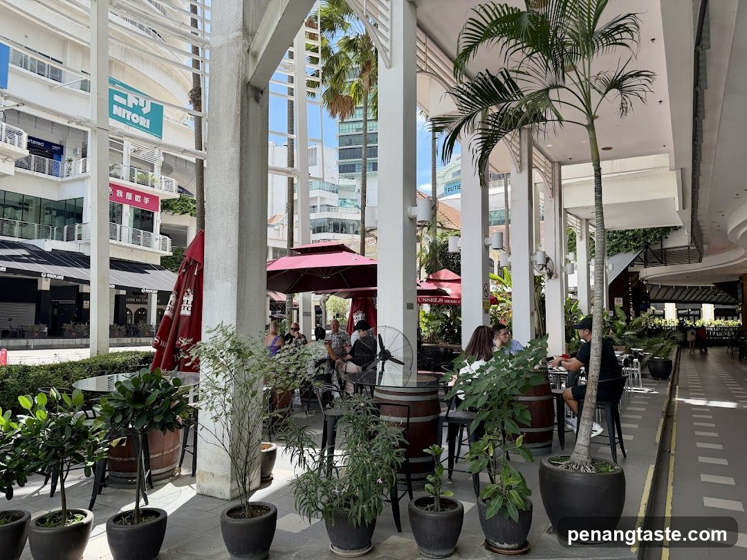 Outdoor Seating Area with Plants and Buildings