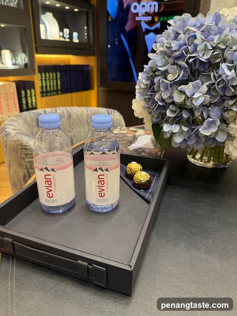 Tray with Evian Water Bottles and Chocolates