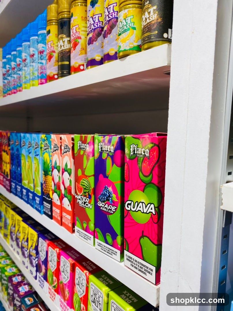 E-liquid products on shelves