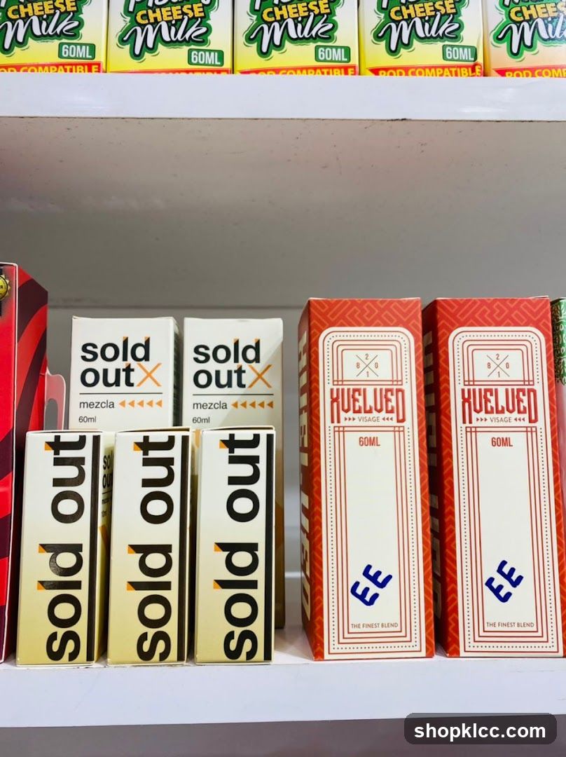 E-liquid products on a shelf
