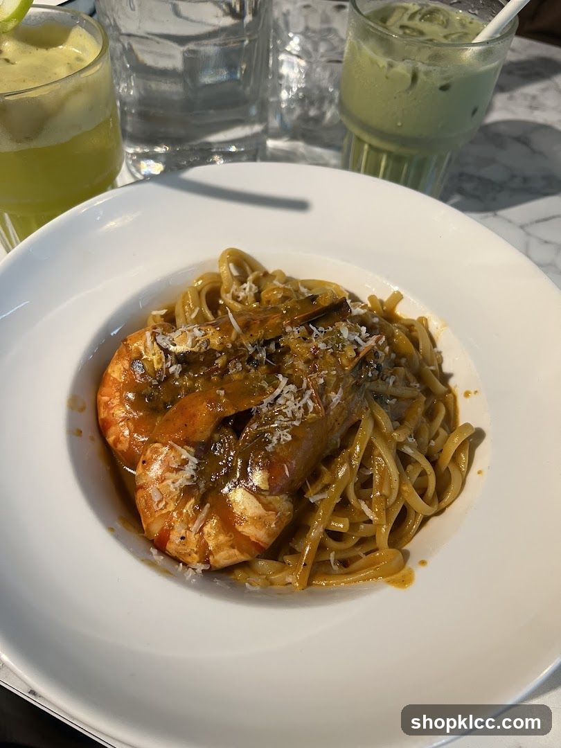 Shrimp Pasta and Drinks